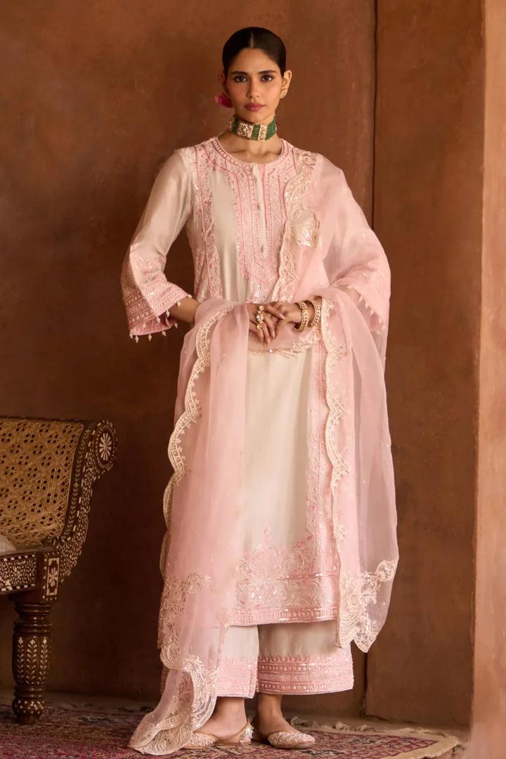Ena - Daisy Ivory With Pink Long A-line Kurta With Palazzo And Dupatta
