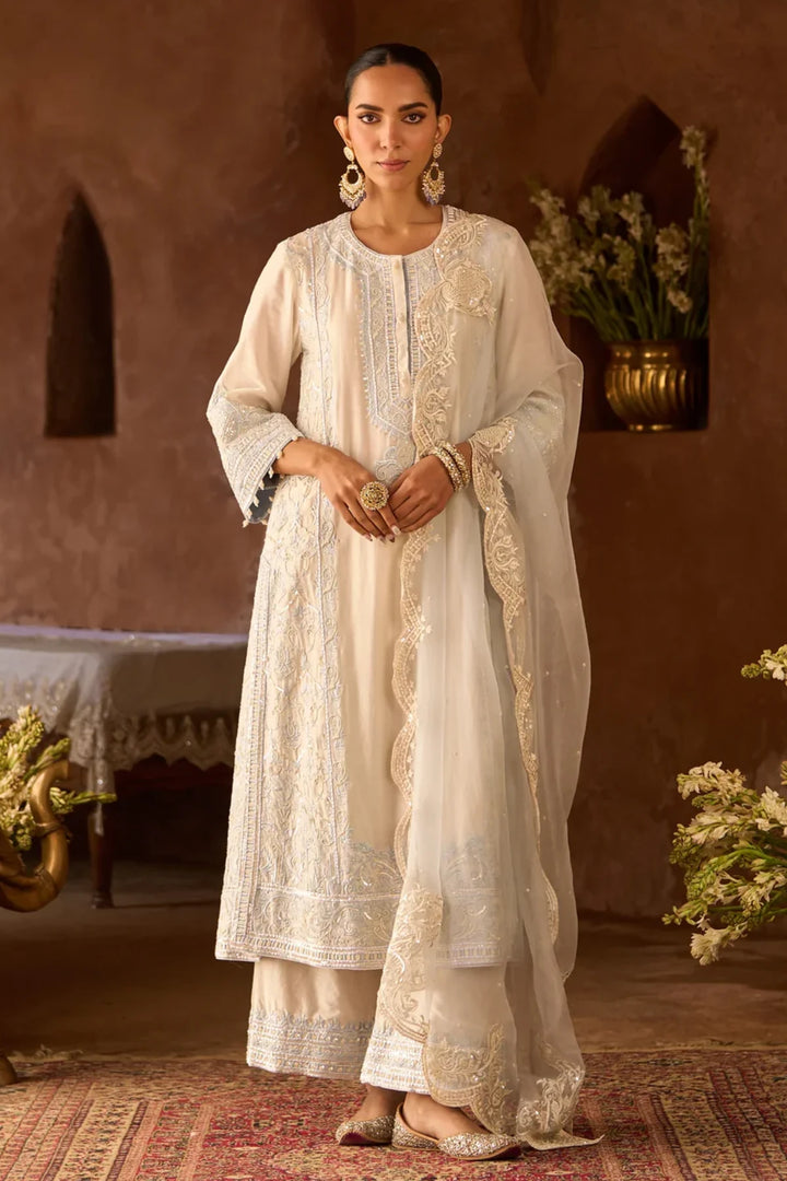 Ena - Daisy Ivory With Blue Long A-line Kurta With Palazzo And Dupatta