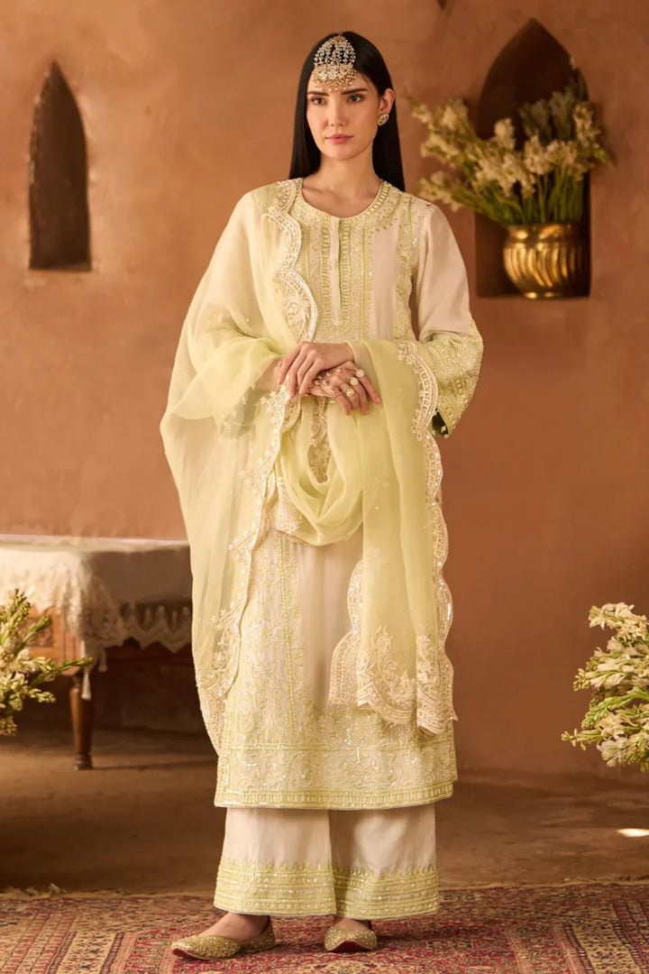 Ena - Daisy Ivory With Mint Green Long A-line Kurta With Palazzo And Dupatta