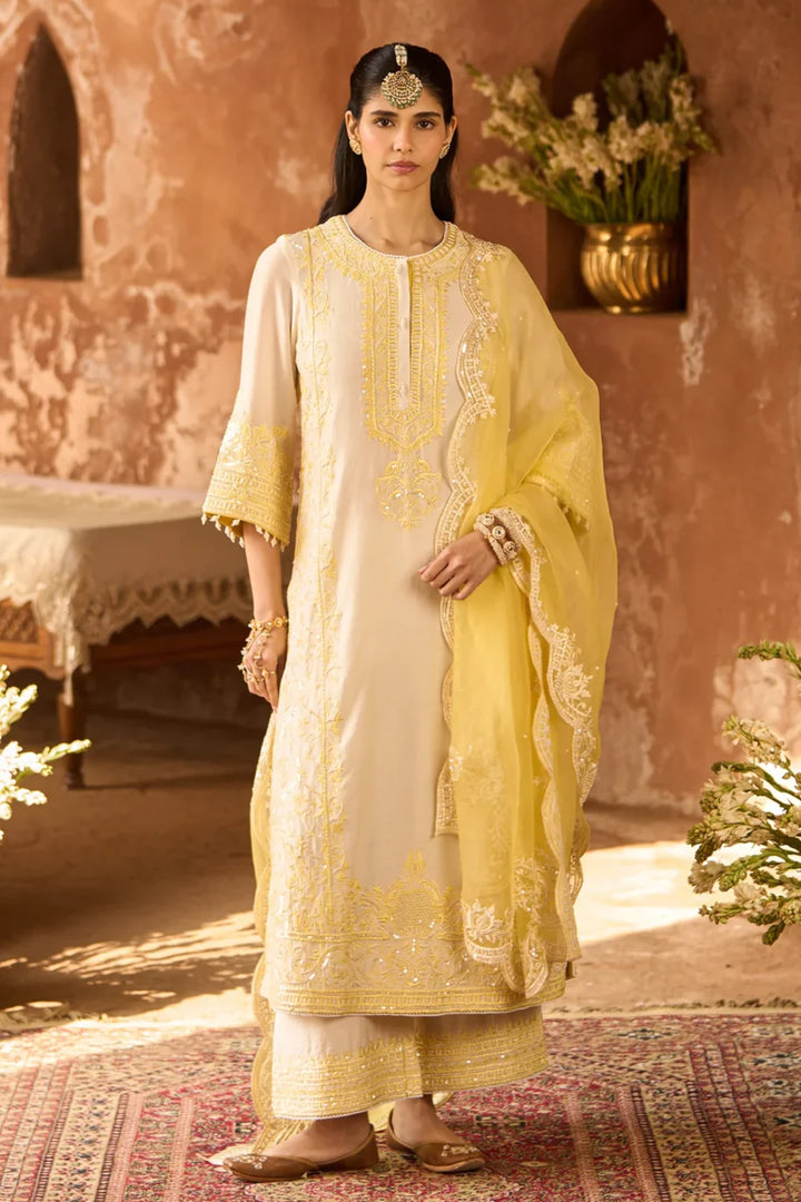 Ena - Daisy Ivory With Lemon Yellow Long A-line Kurta With Palazzo And Dupatta