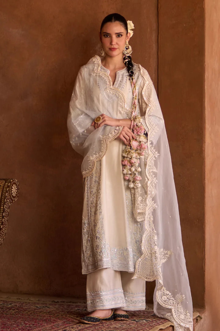 Nurvi - Daisy Ivory With Blue Long A-line Kurta With Palazzo And Dupatta