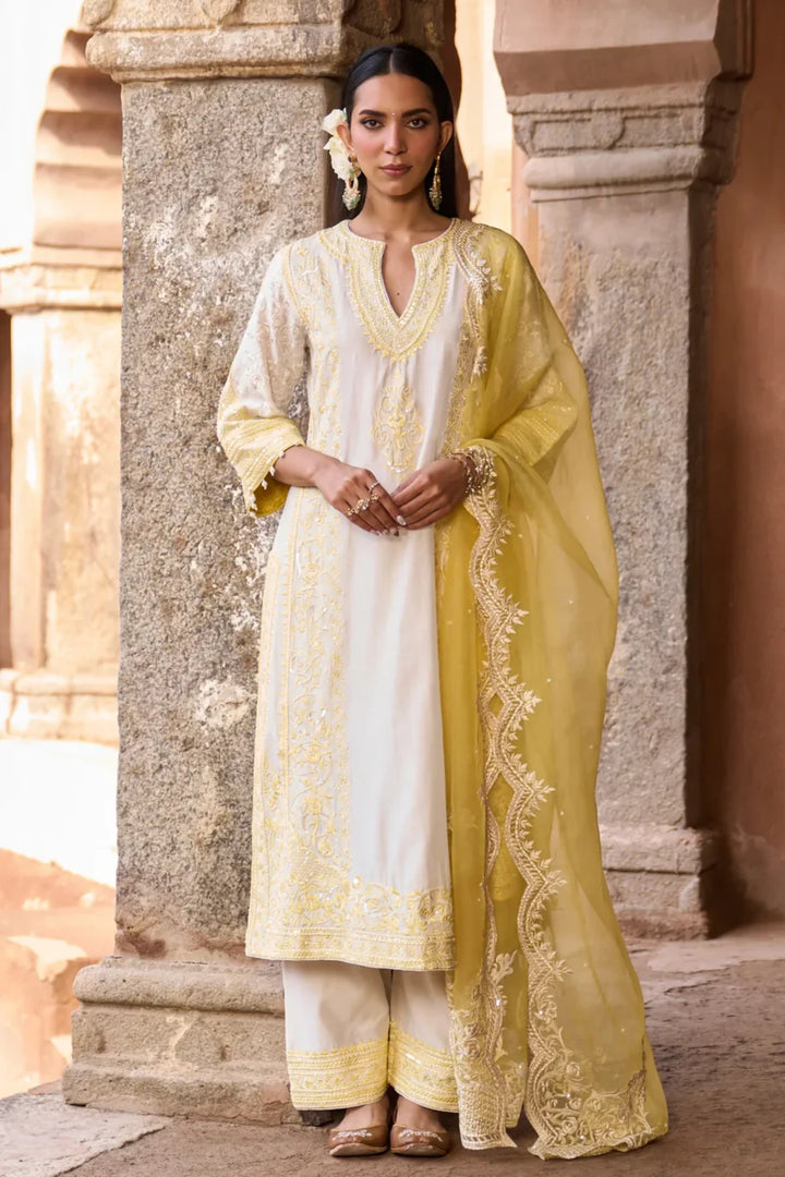 Nurvi - Daisy Ivory With Lemon Yellow Long A-line Kurta With Palazzo And Dupatta