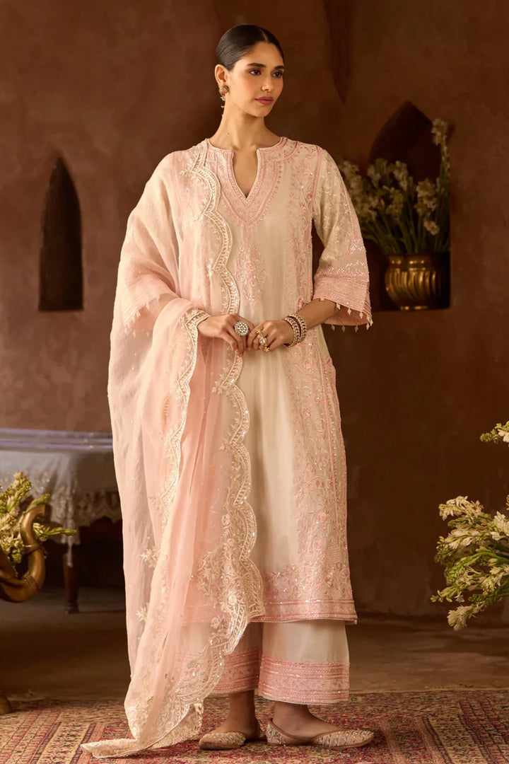 Nurvi - Daisy Ivory With Pink Long A-line Kurta With Palazzo And Dupatta