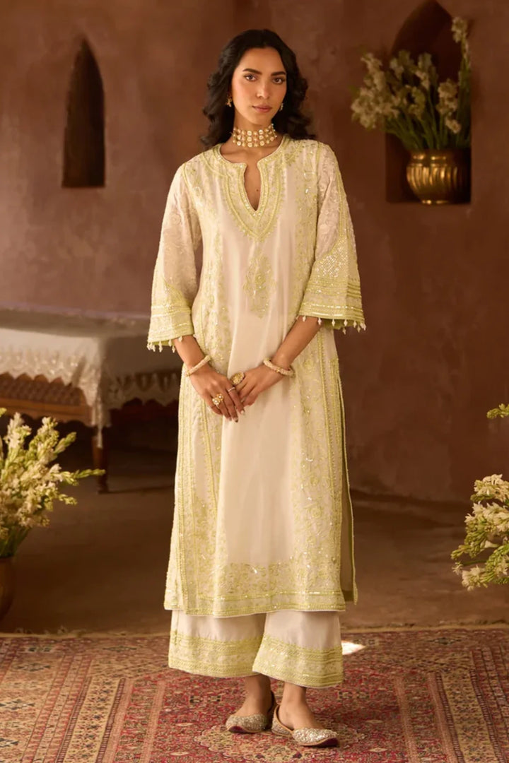 Nurvi - Daisy Ivory With Mint Green Long A-line Kurta With Palazzo And Dupatta