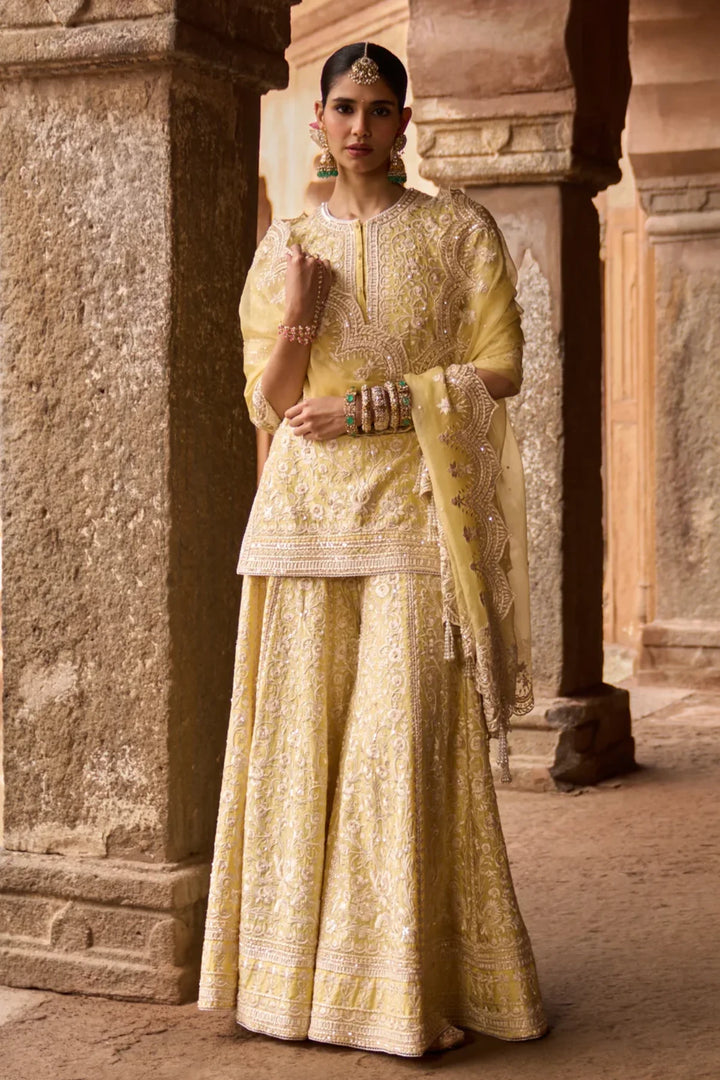 Heer - Lemon Yellow Short Kurta With Sharara And Dupatta