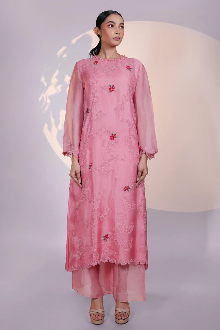 Peach Organza Kurta With Pant