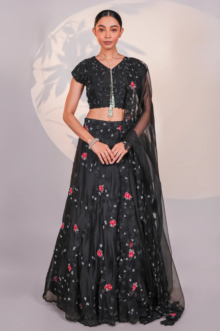 Black Dancing Daisies Organza Lehenga Set