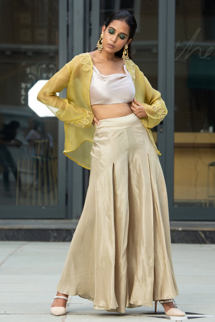 Beige Satin Organza Pant With Jacket and Bustier