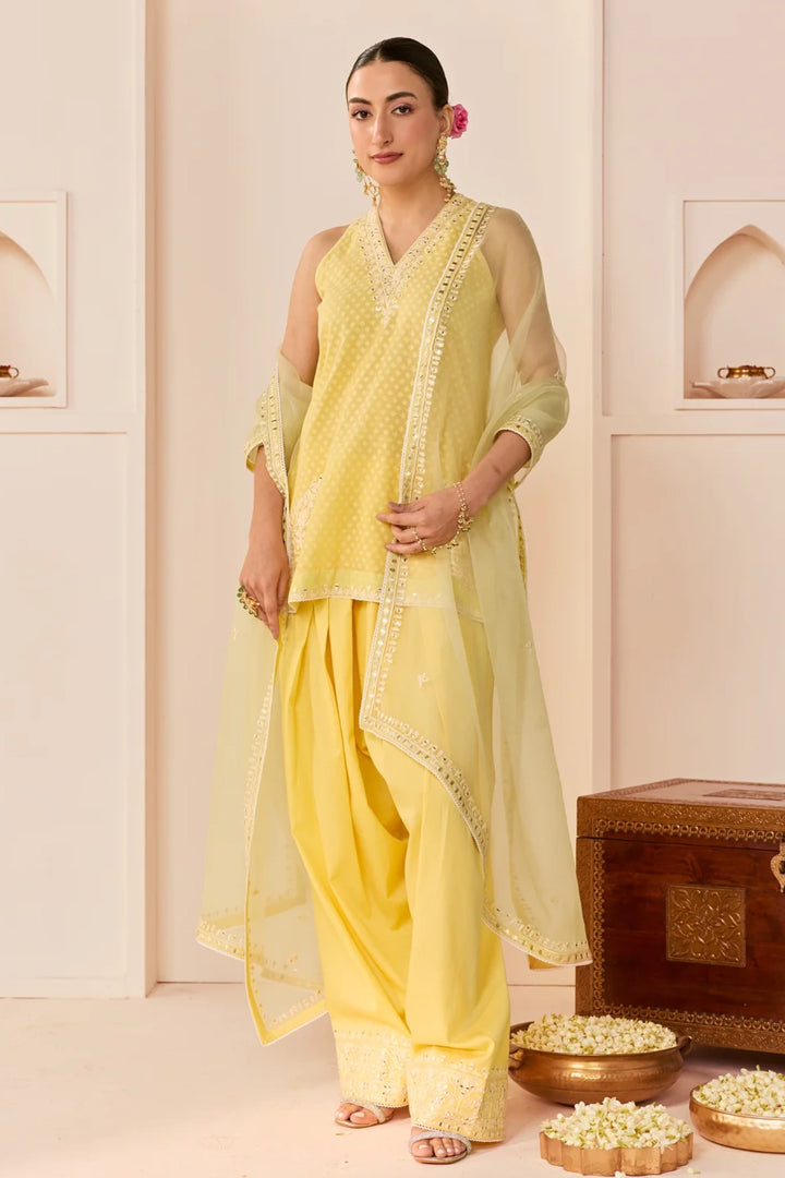 Miral - Lemon Yellow Short Kurta With Farsi Salwar and dupatta