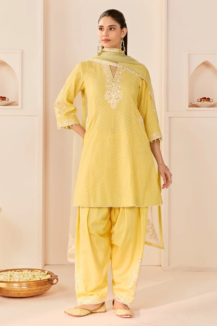 Reem - Lemon Yellow Short Choga With Dogri Salwar and dupatta