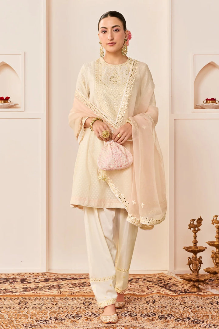 Nida - Daisy Ivory Short Choga With Farshi Salwar and dupatta