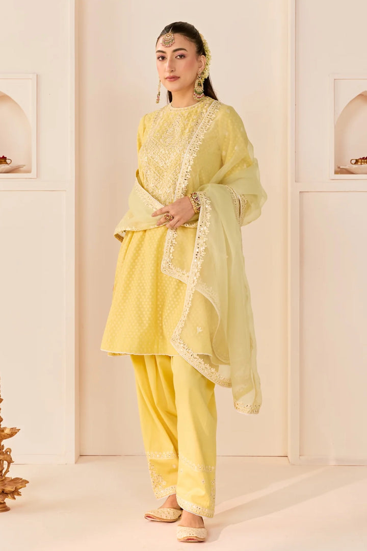Nida - Lemon Yellow Short Choga With Farshi Salwar and dupatta