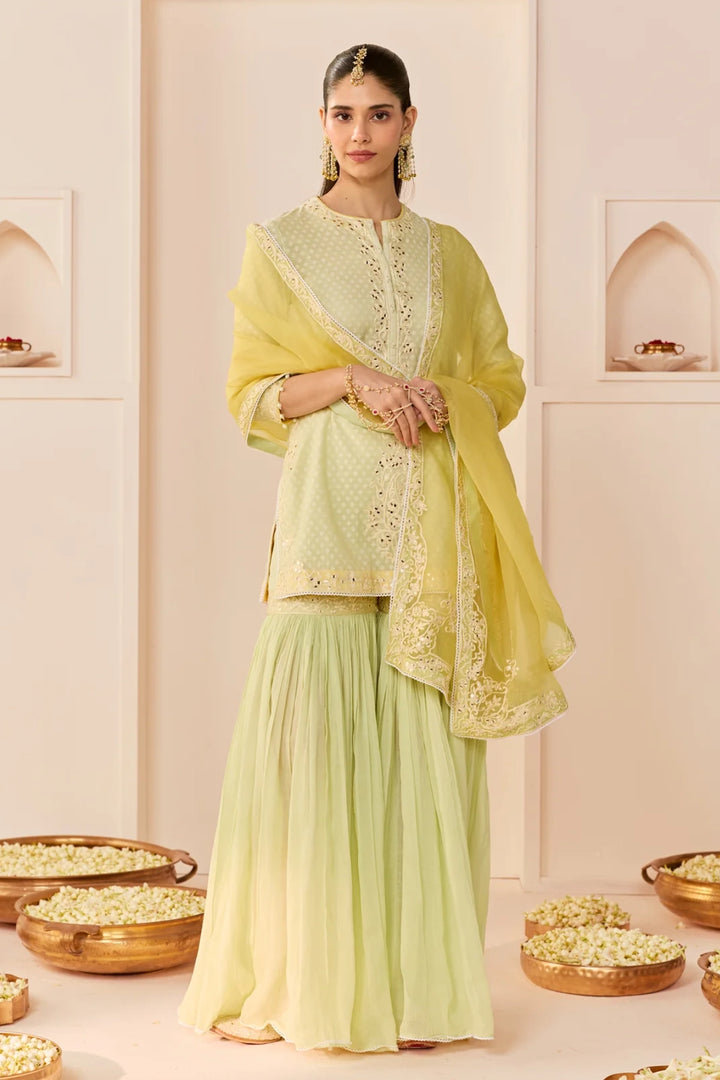 Yasneen - Mint Green Short Kurta With Garara And Dupatta