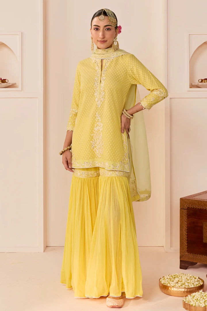 Yasneen - Lemon Yellow Short Kurta With Garara And Dupatta