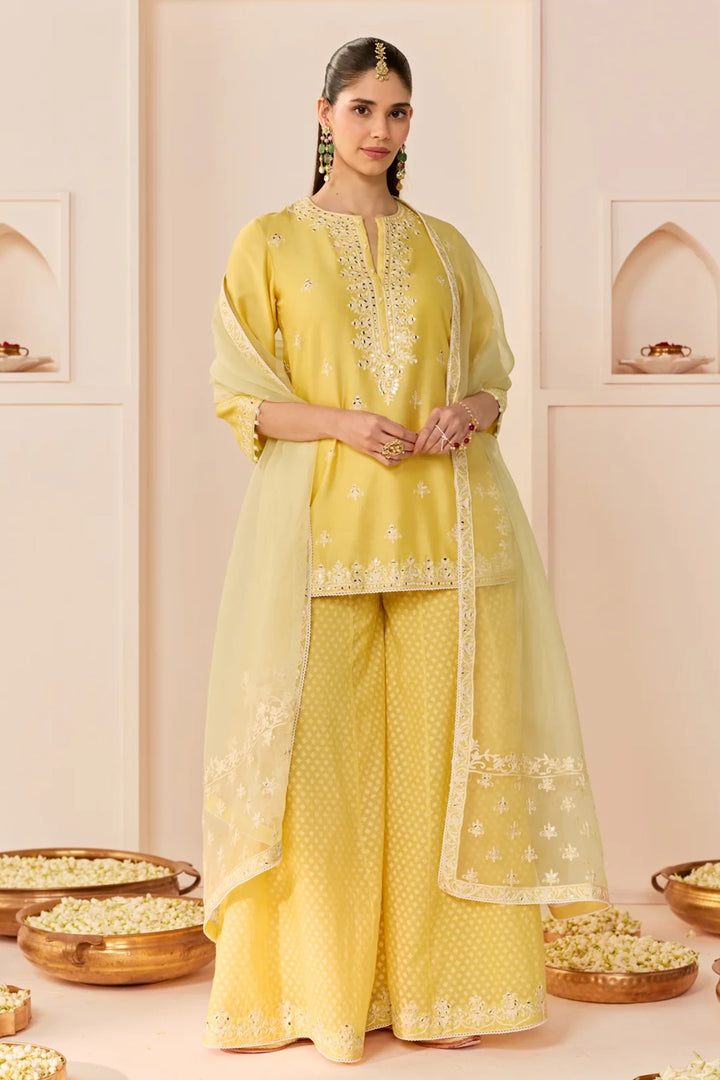 Rehma - Lemon Yellow Short Kurta With Sharara And Dupatta