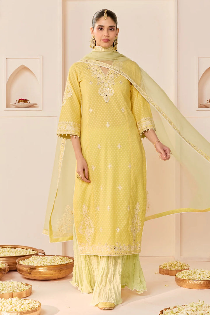 Ruhani - Lemon Yellow Long Kurta With Skirt And Dupatta