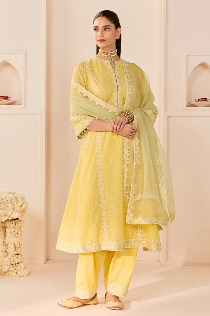 Firdaus -lemon Yellow Long Kalidaar Chauga With Dogri Salwar And Dupatta
