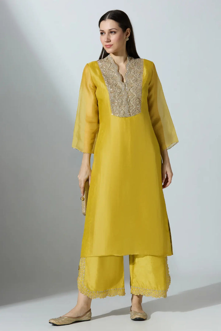 Yellow Organza Kurta Set With Pant