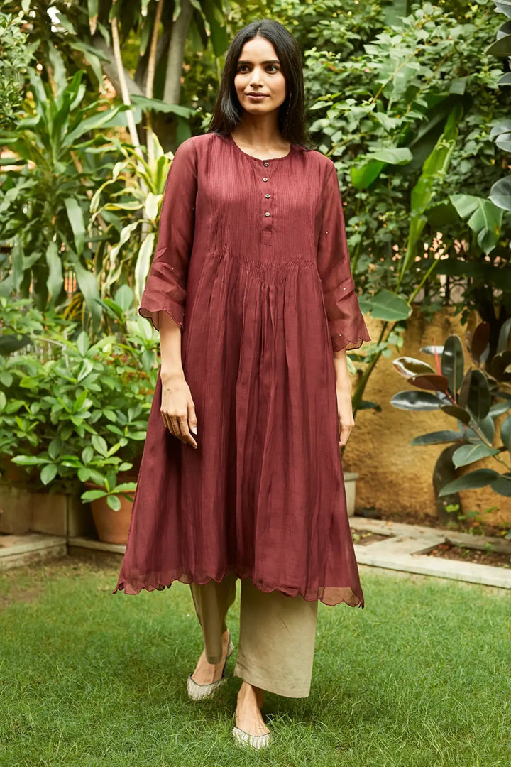 Burgundy Pintuck Kurta Set
