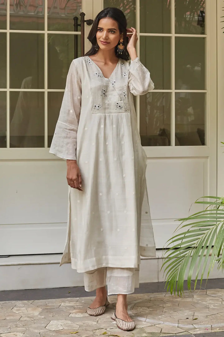 Ivory and Emerald Embroidered Kurta Set