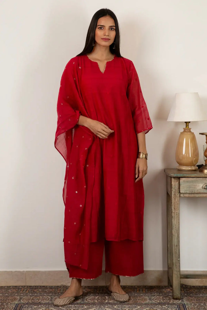Scarlet Woven Dots Kurta Set