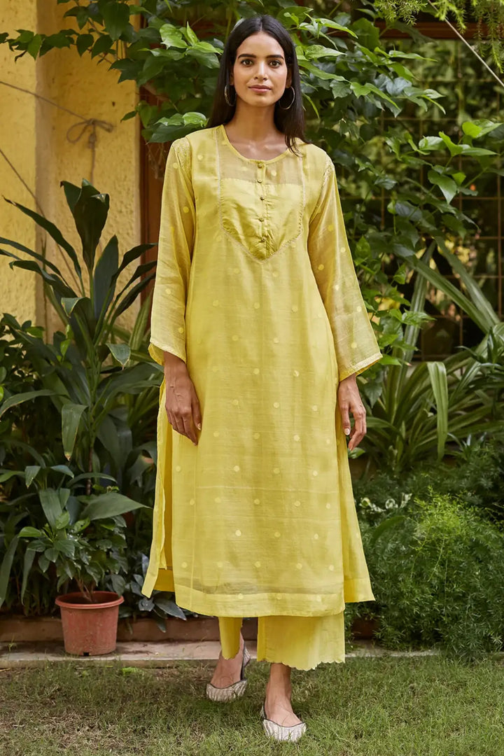 Canary Yellow Woven Dots Kurta Set