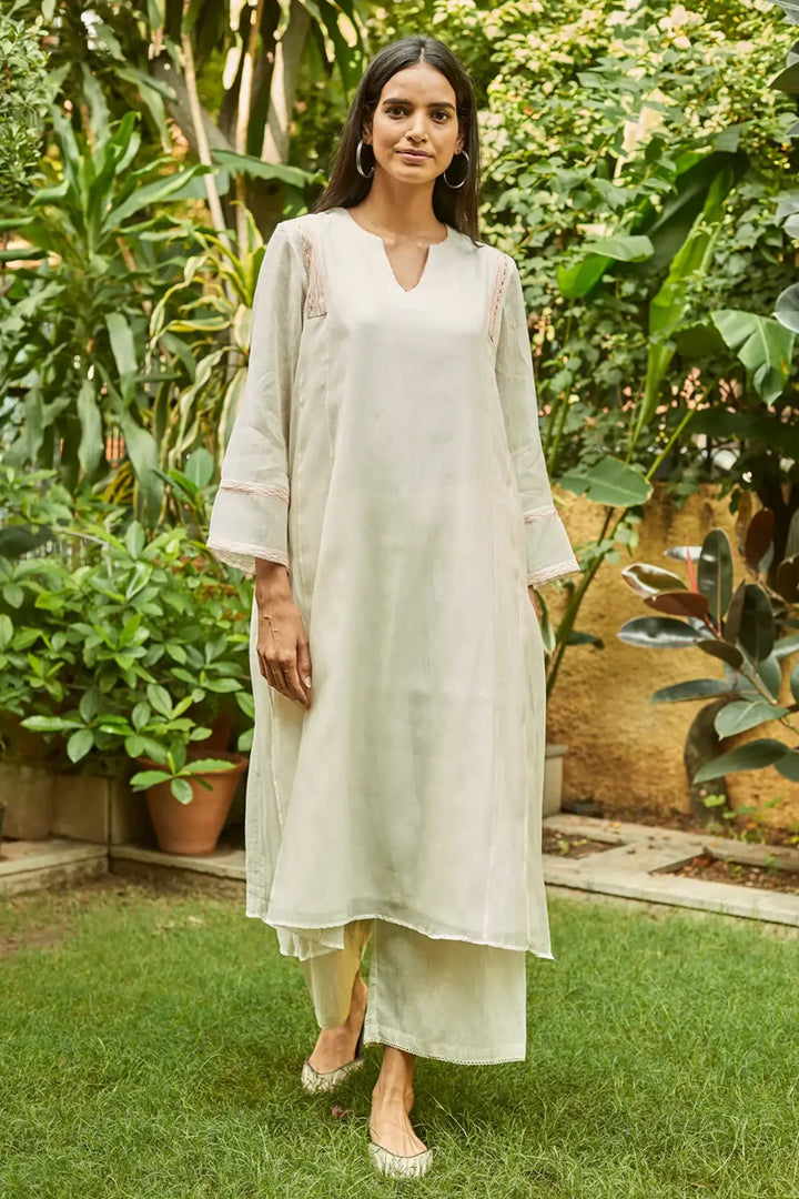 Ivory and Saffron Tagai Work Kurta Set