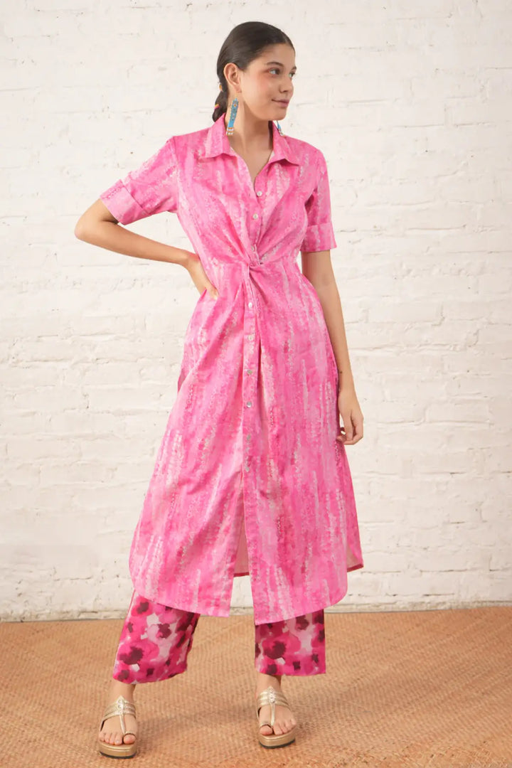 Pink Twist Dress with Printed Pants