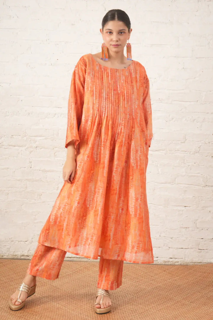 Peach Silk Chanderi Pintuck Kurta with Pants