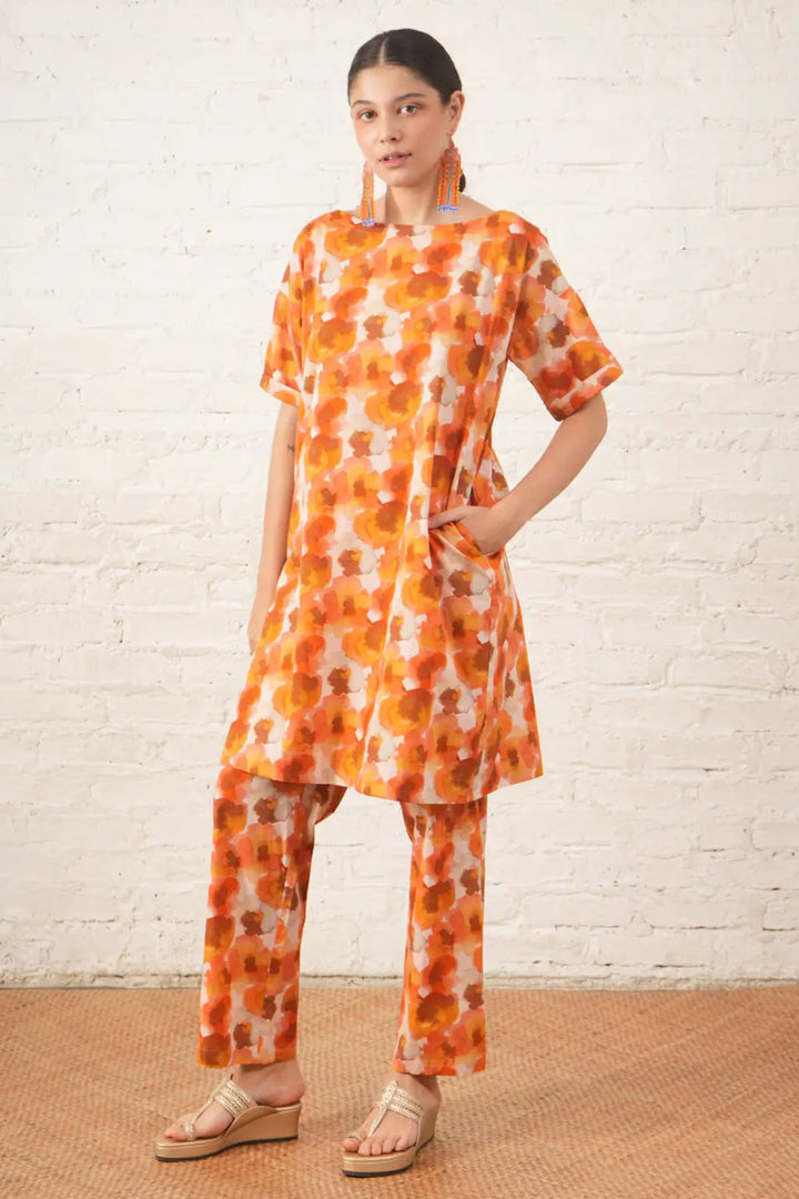 Rust Floral Printed Organic Cotton Kurta Set