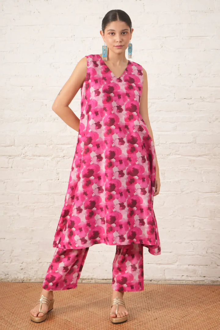 Pink Floral Printed Silk Chanderi Kurta Set