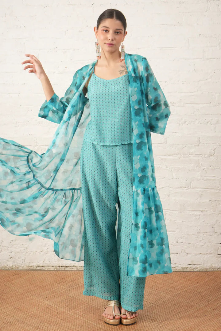 Aqua Printed Overlay with Co‑ordinated Inner and Pants