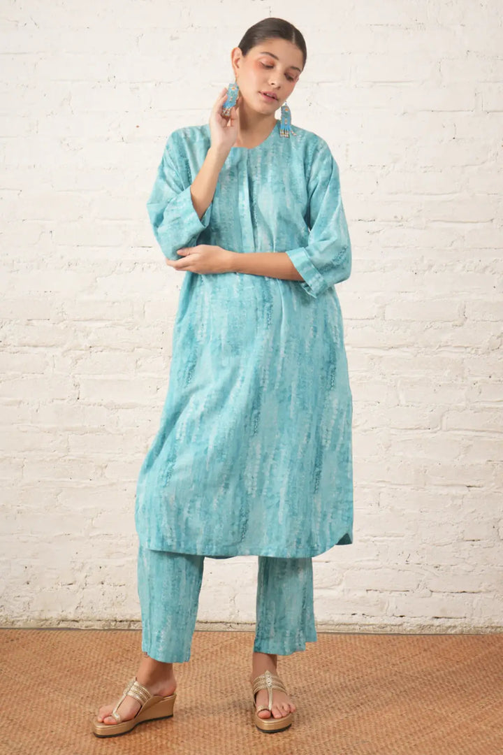 Aqua Cotton Linen Printed Kurta Set