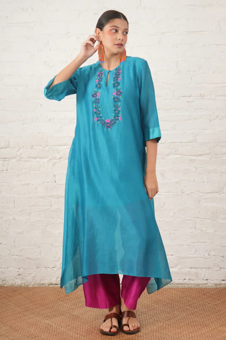 Teal Silk Chanderi Kurta with Floral Embroidery
