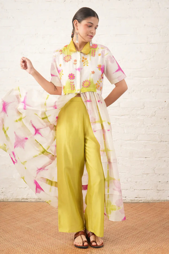 Clamping Silk Chanderi Overlay with Floral Bead Embroidery and Lime Pants