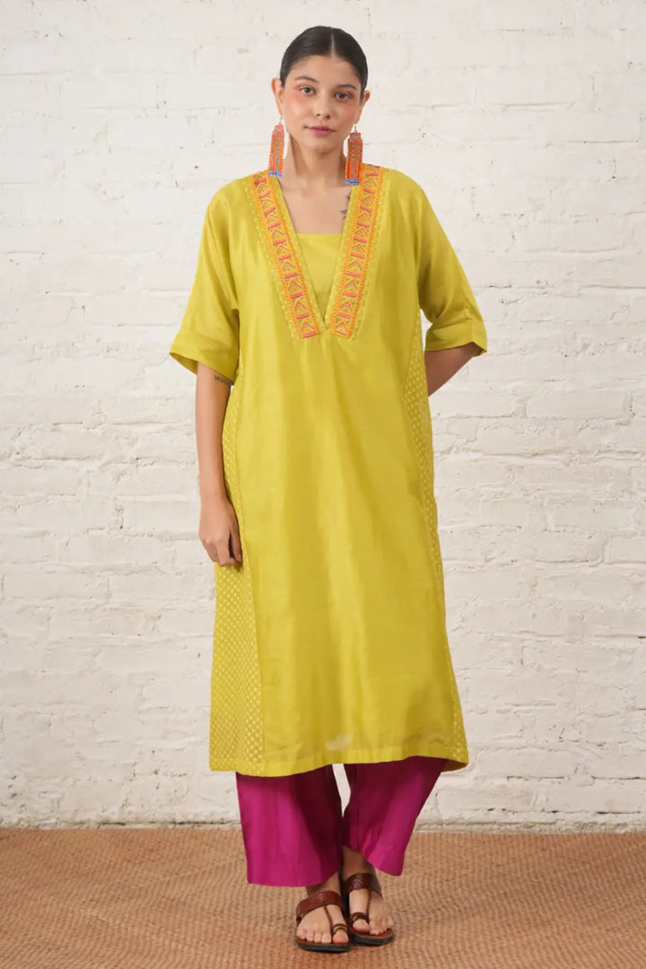 Lime Silk Chanderi Kurta with Fuschia Pants