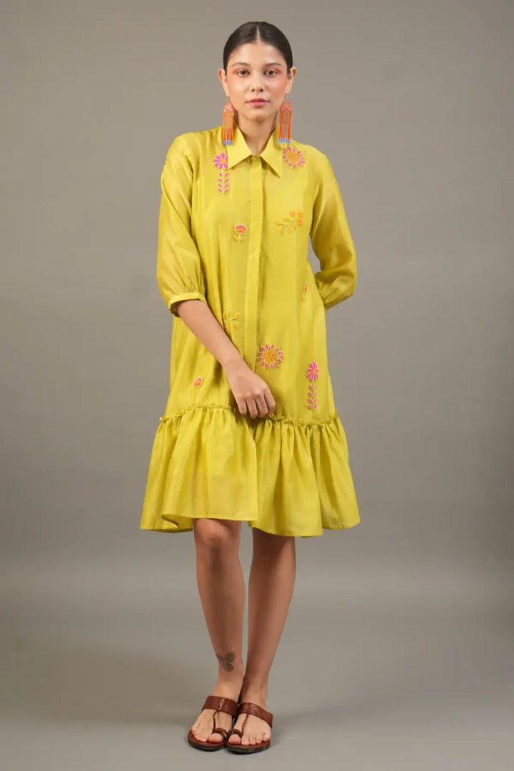 Lime Silk Chanderi Short Dress with Bead Embroidered Florals