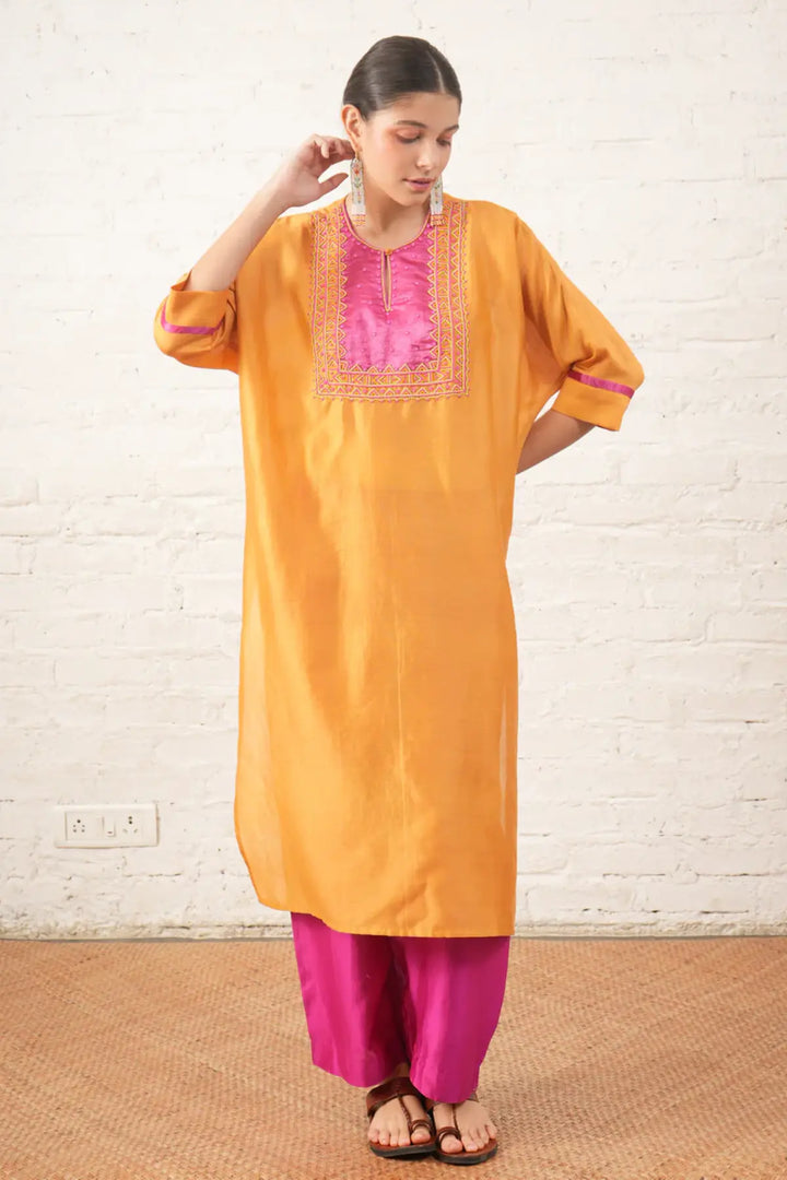Rust Silk Chanderi Kurta with Pink Bead Embroidered Yoke