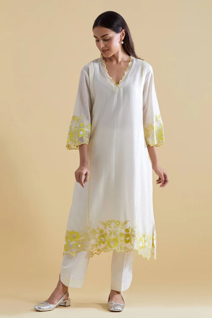 Ivory V Scallopped Neck Kurta Set with Floral Thread Embroidery in Lime
