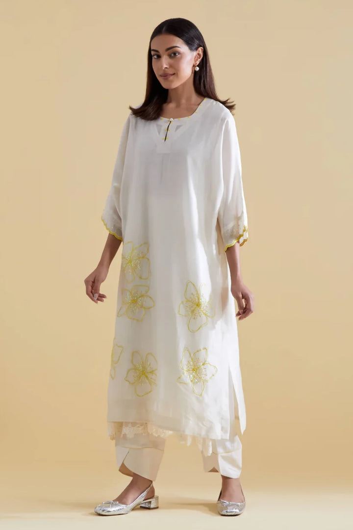 Ivory Kurta Set in Chanderi Floral Embroidery in Ivory and Lime