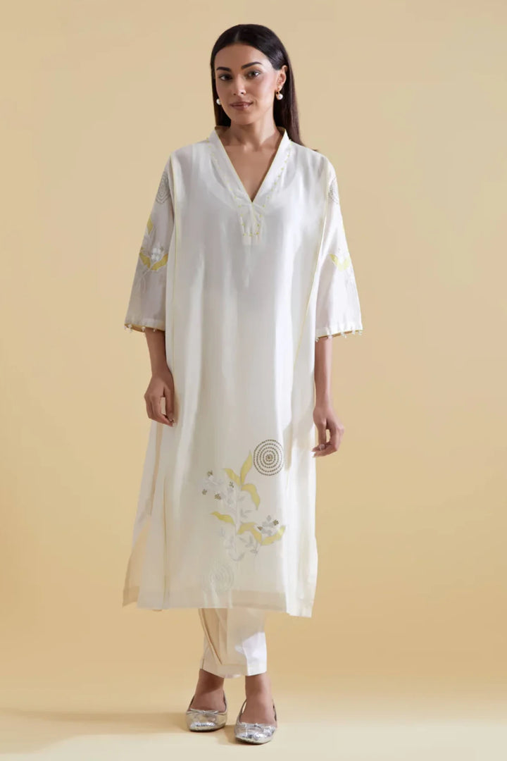 Appliquéd Organza Embroidery in Lime on Ivory Chanderi Kurta Set