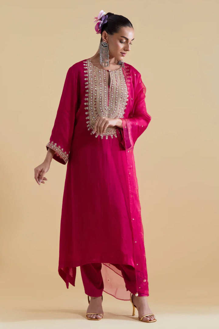 Rani Pink Kurta Set with Dori Embroidery