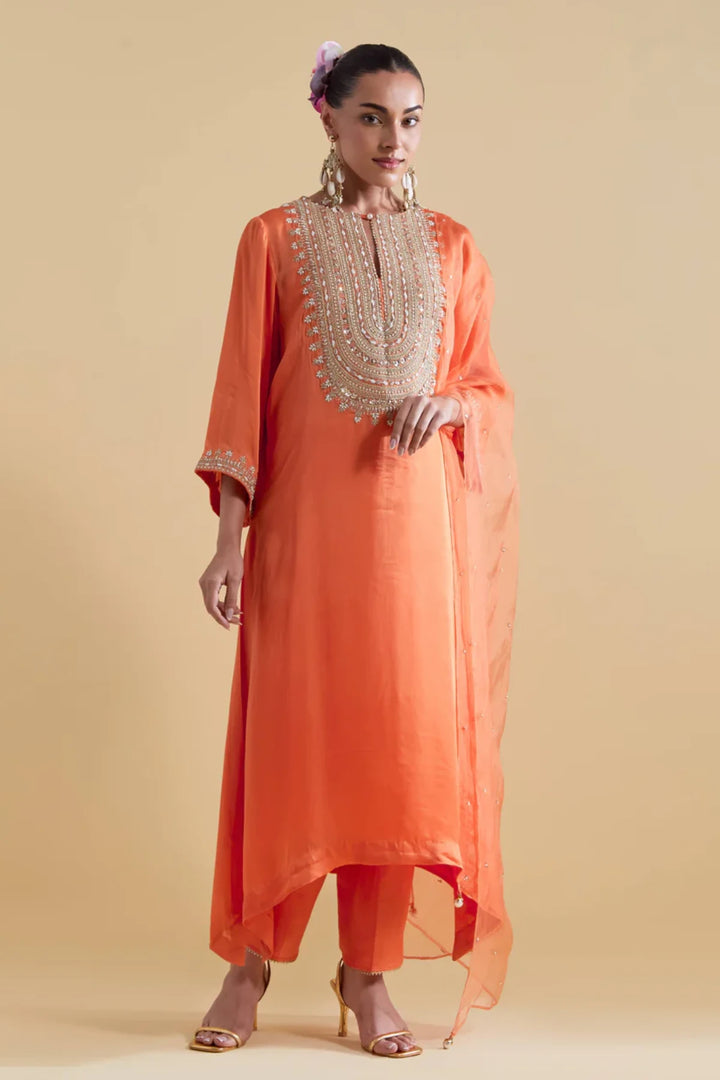 Orange Kurta Set with Dori Embroidery