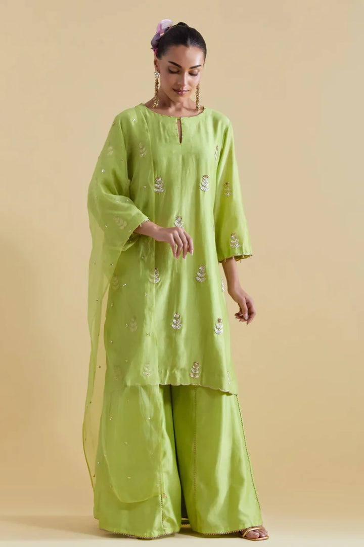 Pista Green Hand Embroidered Kurta and Sharara Set