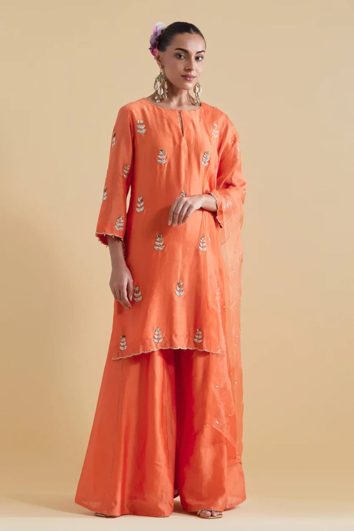 Orange Hand Embroidered Kurta and Sharara Set