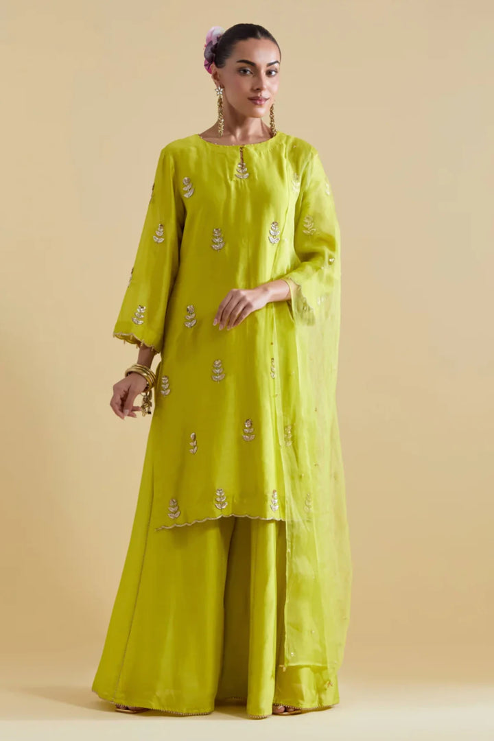 Lime Hand Embroidered Kurta and Sharara Set