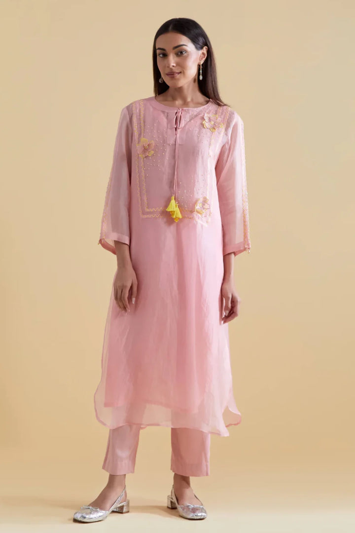 Pink 3D Floral Kurta and Pants Set