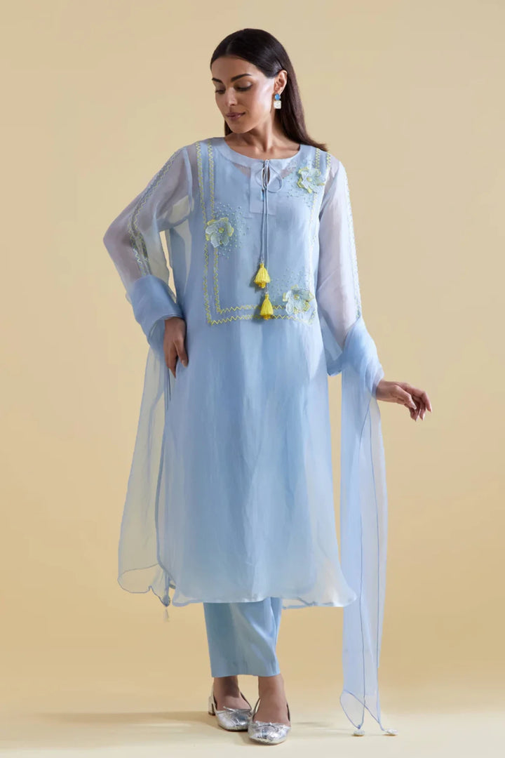 Sky Blue 3D Floral Kurta and Pants Set