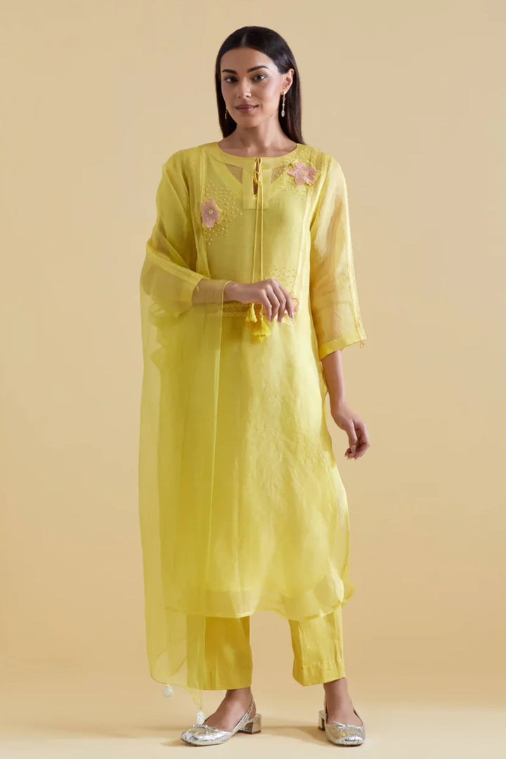 Lemon 3D Floral Kurta and Pants Set