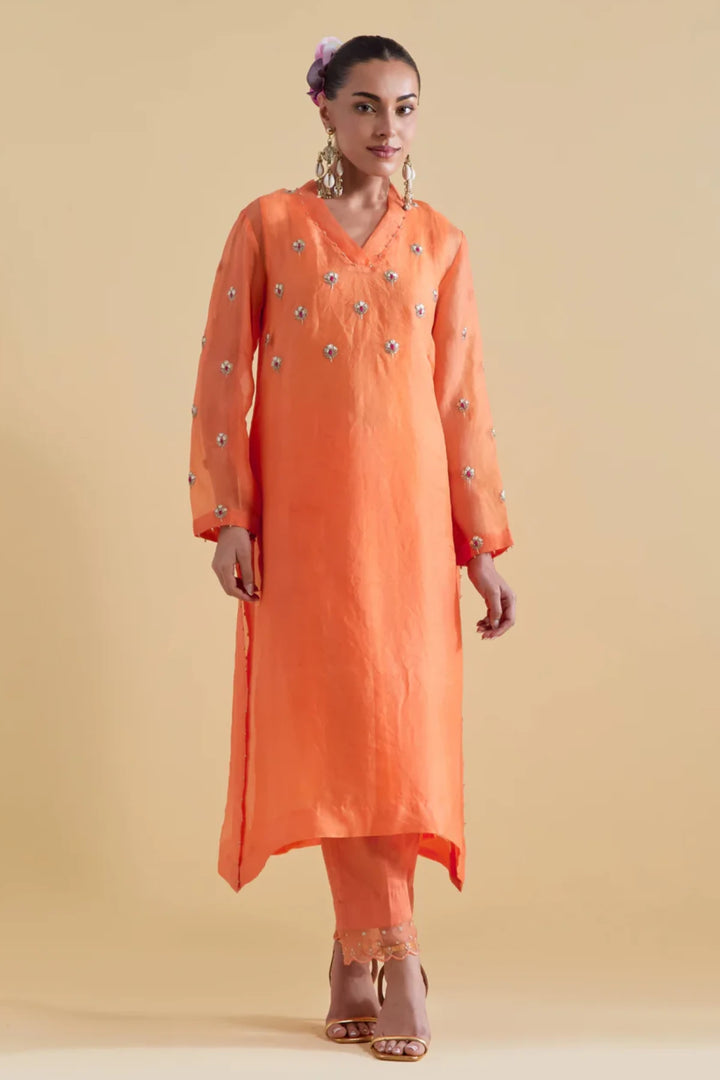 Hand Embroidered Kurta Set in Orange